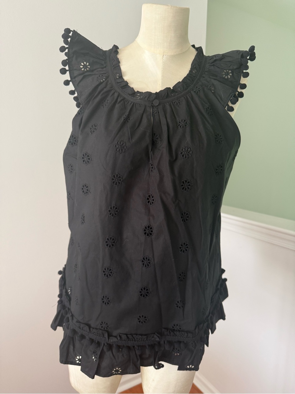 J. Crew Black Eyelet Ruffle Sleeve Tank